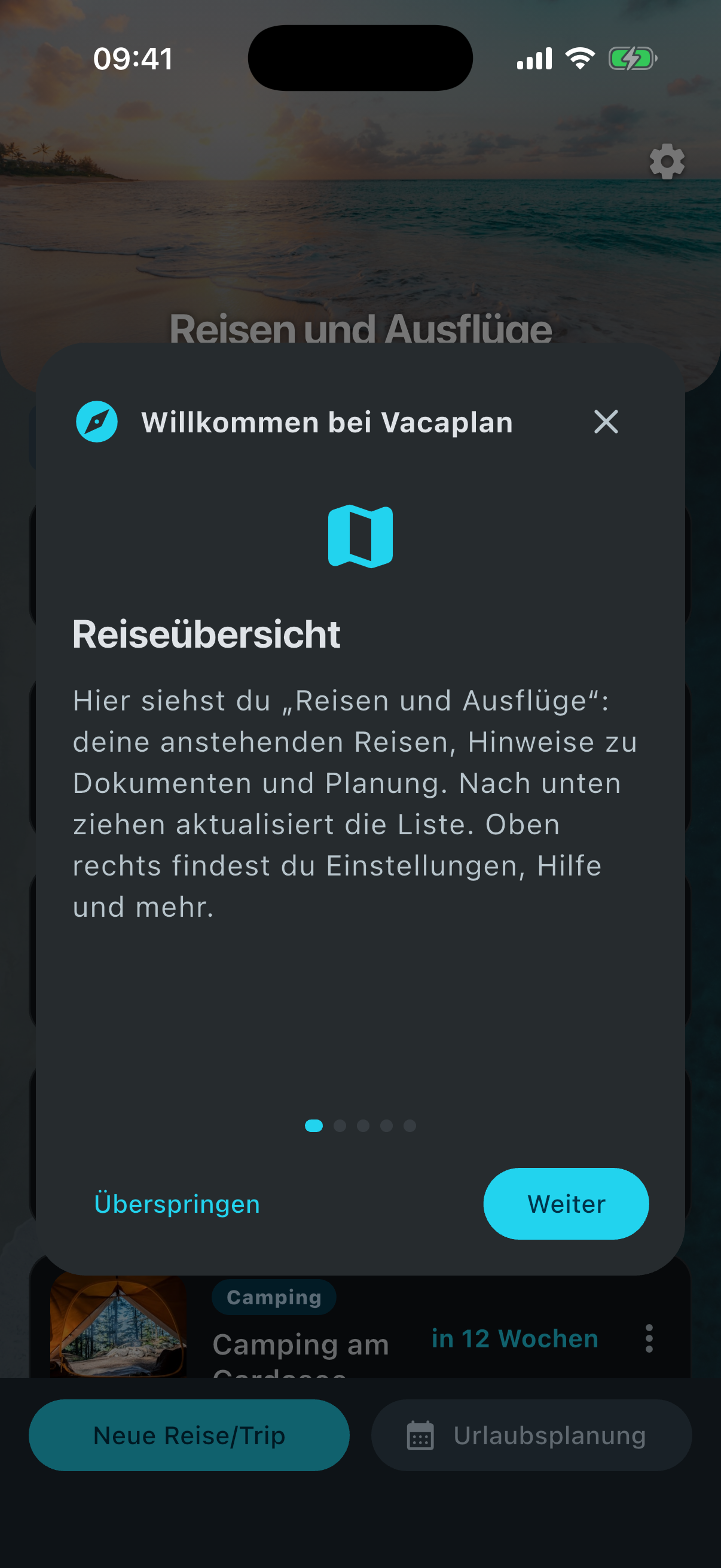 Vacaplan: Reiseübersicht mit anstehenden Reisen